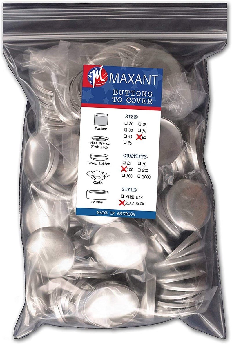 M MAXANT 100 Cover Buttons by Maxant - Made in The USA - #60 (1 1/2") with Flat Backs, Ideal for Crafting. NO Tool. - Image 1